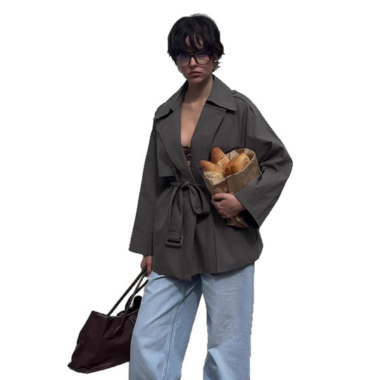 Damen Kurztrenchcoat mit Bindegürtel und Oversize-Ärmeln Shop Nory