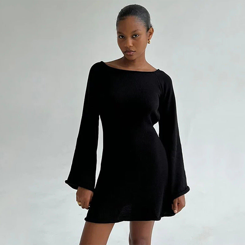 Damen Figurbetontes Feinstrick-Minikleid mit ausgestellten Trompetenärmeln Shop Nory