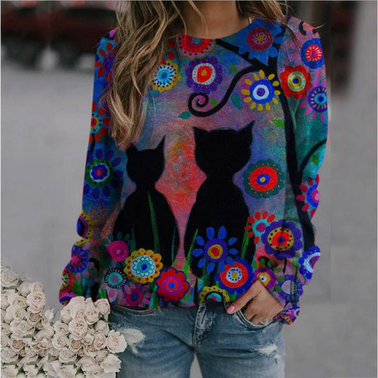 Damen Oversized-Sweatshirt mit künstlerischem Katzen-Print und floraler Musterung Shop Nory