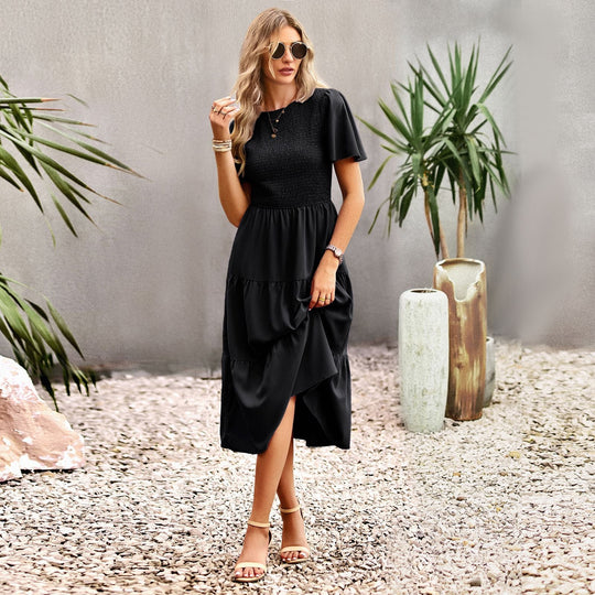 Damen Midikleid mit schwingendem Rüschensaum und elastischem Oberteil Shopnory