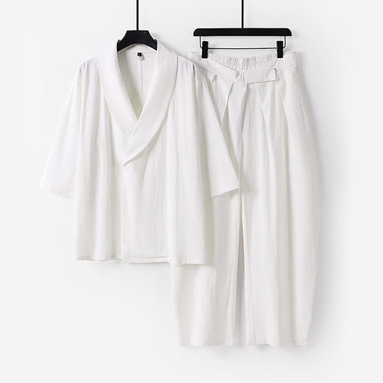 Damen Zweiteiliges Kimono-Loungewear-Set mit Schalkragen Kurzarm-Oberteil und hochtaillierter Plissee-Hose Shop Nory
