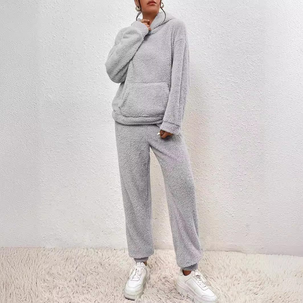 Damen nan kuscheliges Teddy-Fleece Hausanzug-Set mit Kapuze, Kängurutasche und elastischer Jogginghose Shop Nory