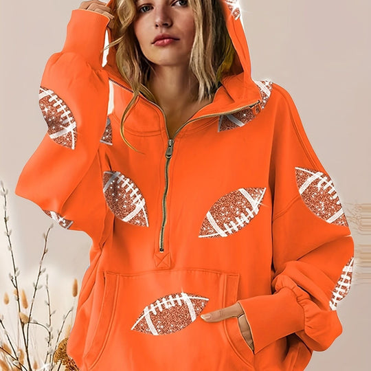 Damen Oversized Kapuzenpullover mit halbem Reißverschluss und Pailletten‑Football-Applikation Shop Nory
