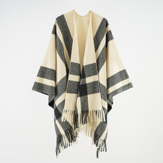 Damen Weichfallender Capeponcho aus Wollmix mit Blockkaro und Fransensaum Shop Nory