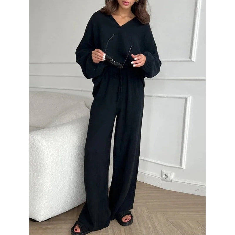 Damen Leichtes Crinkle-Lounge-Set mit V-Ausschnitt und weiter High-Waist-Hose Shop Nory