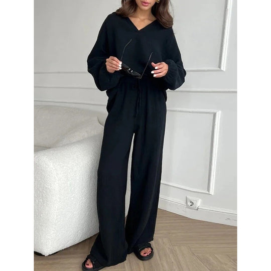 Damen Leichtes Crinkle-Lounge-Set mit V-Ausschnitt und weiter High-Waist-Hose Shop Nory