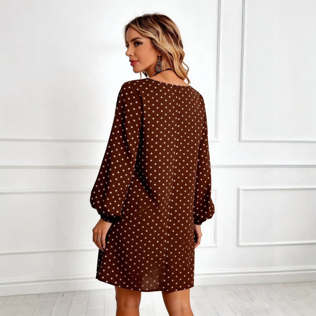 Damen Lockeres Tupfen‑Minikleid mit V‑Ausschnitt, Ballonärmeln und schwingender A‑Linie Shop Nory