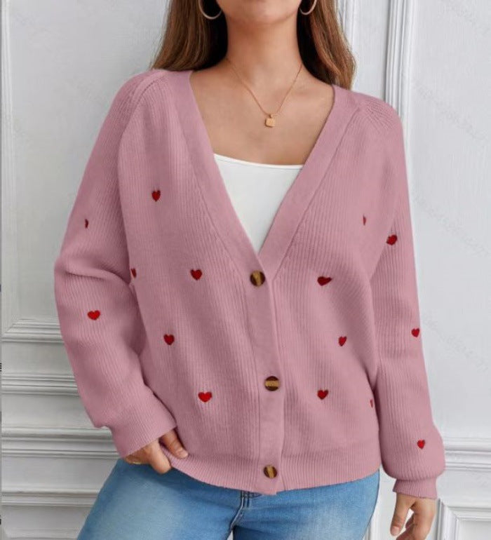 Damen lässige Strickjacke mit Herzapplikationen und tiefem V-Ausschnitt