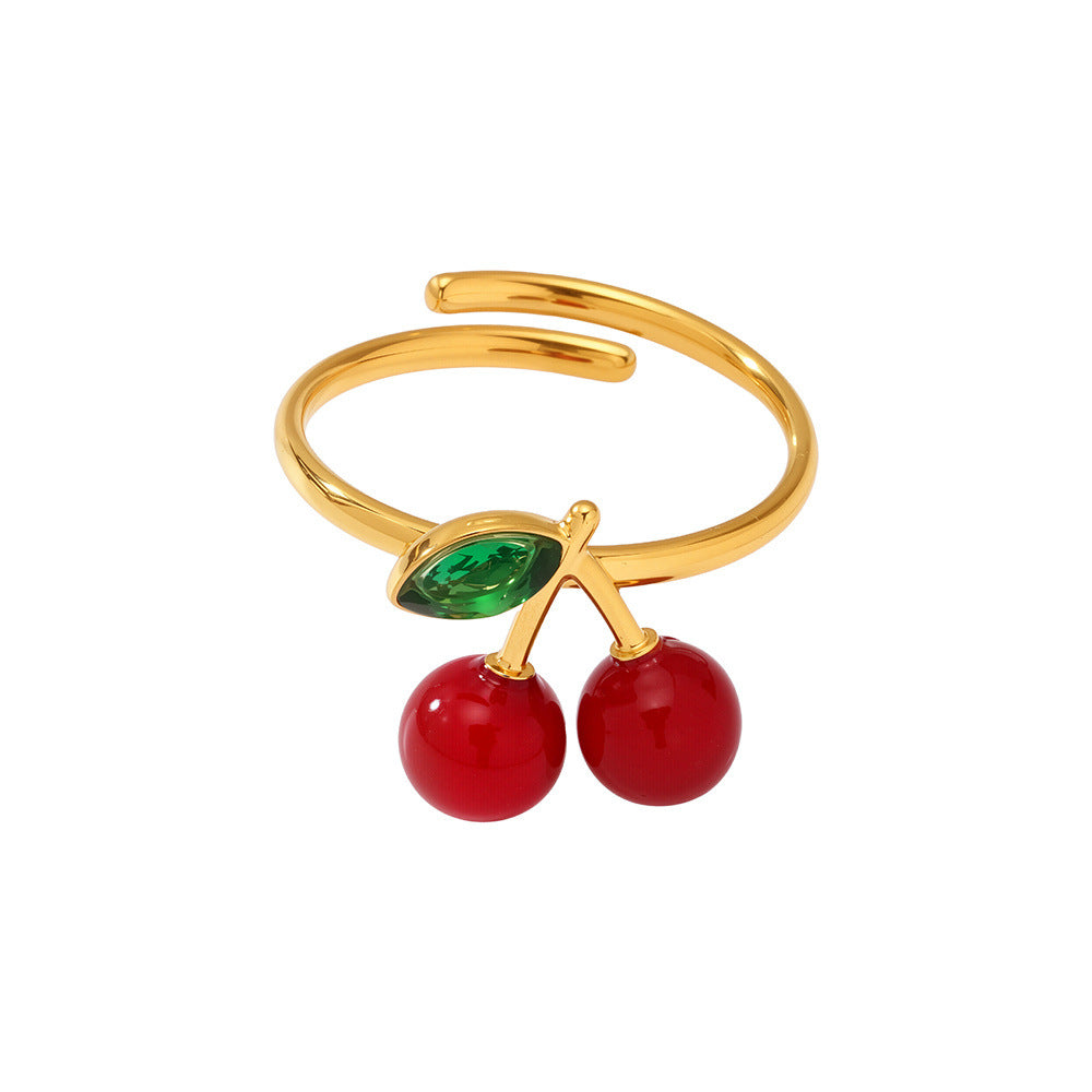 Damen Offener Ring mit Kirschmotiv aus hochwertigem Edelstahl und funkelnden Strasssteinen Shop Nory