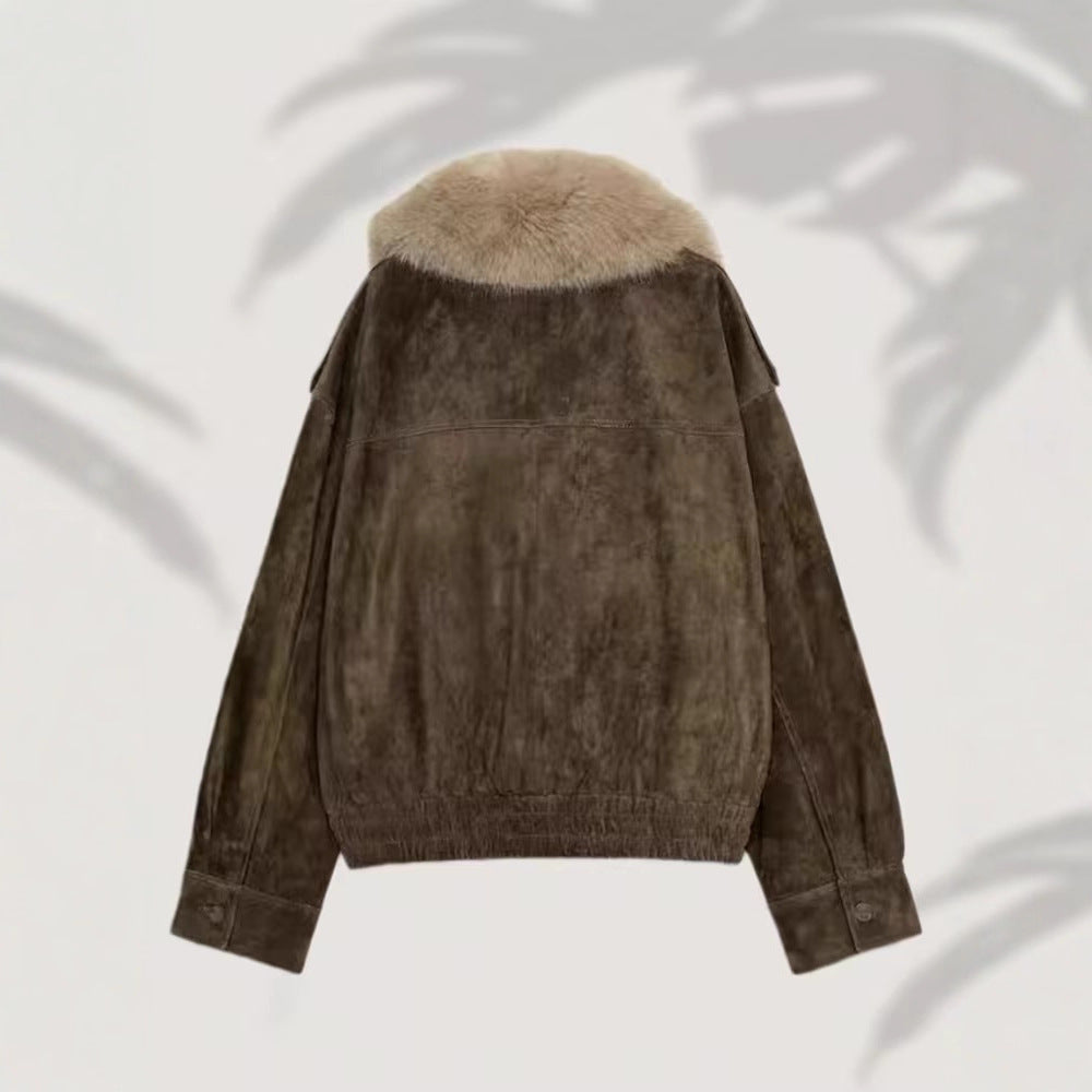 Damen Kurz geschnittene Wildlederjacke im Bomberstil mit luxuriösem Pelzkragen Shop Nory