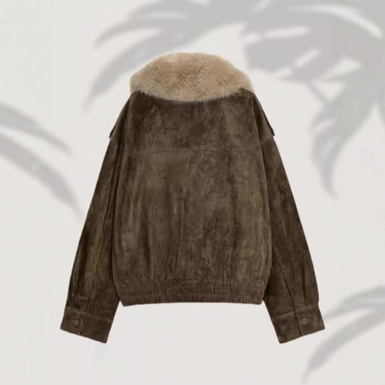 Damen Kurz geschnittene Wildlederjacke im Bomberstil mit luxuriösem Pelzkragen Shop Nory