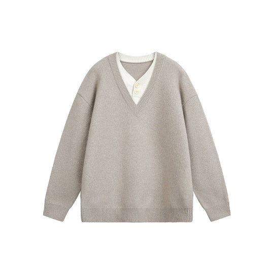 Damen Oversize V Neck Strickpullover mit Henley-Optik und gerippten Bündchen Shop Nory