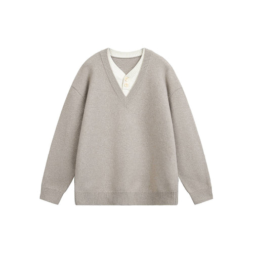 Damen Oversize V Neck Strickpullover mit Henley-Optik und gerippten Bündchen Shop Nory