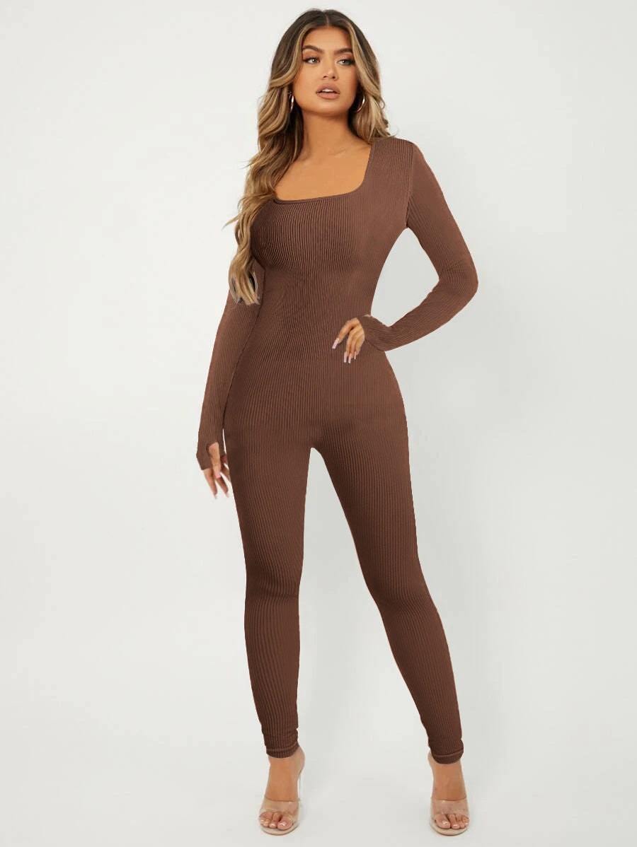 Damen Langarm Jumpsuit im eleganten Rippenmuster