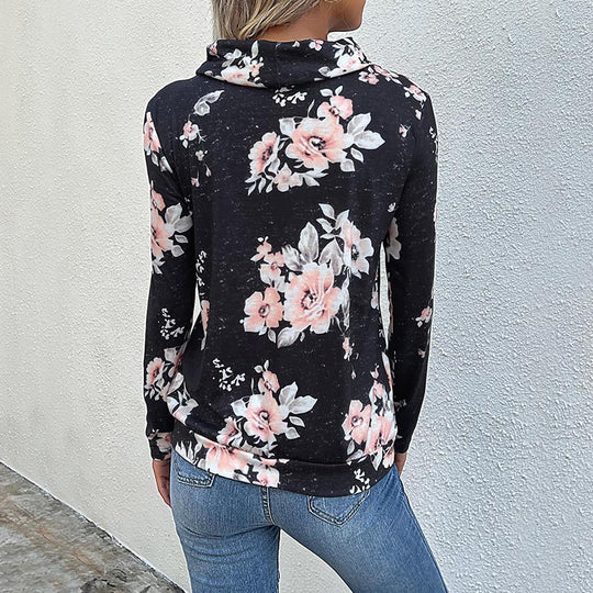 Damen Floraler Leichter Kapuzenpullover mit Wasserfallkragen und Tunnelzug Shop Nory