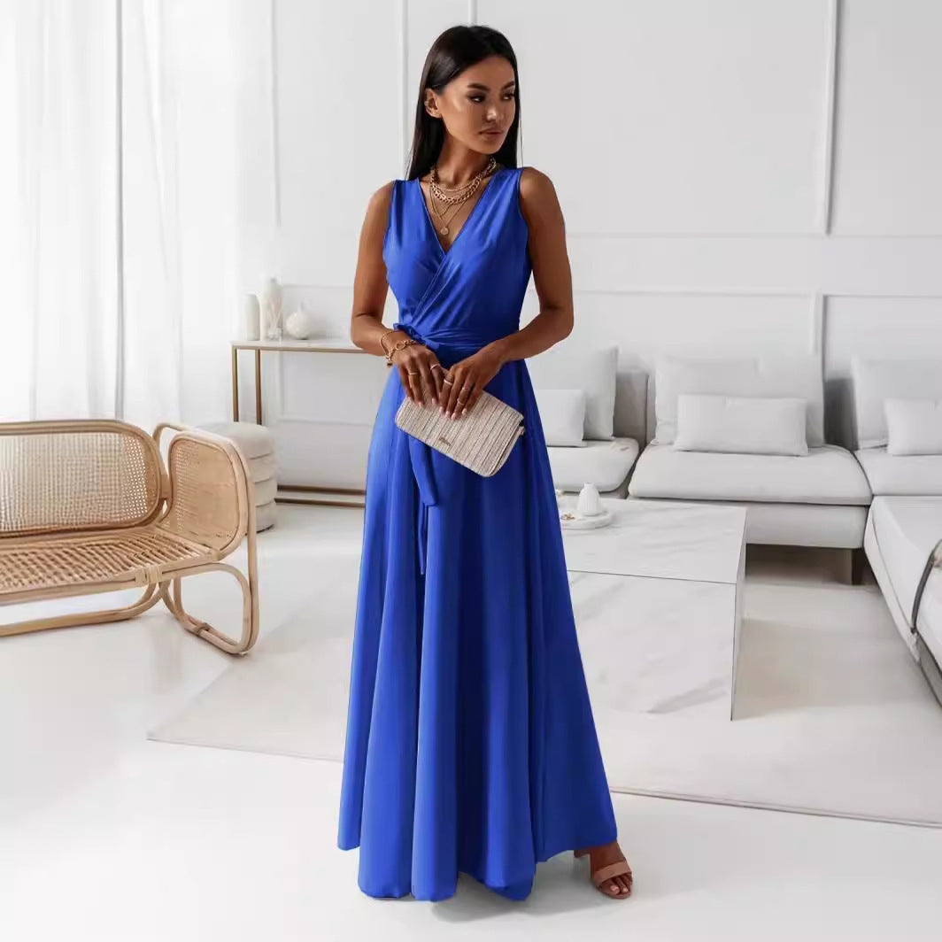 Damen Wickel-Maxikleid mit tiefem V-Ausschnitt und fließendem Schnitt