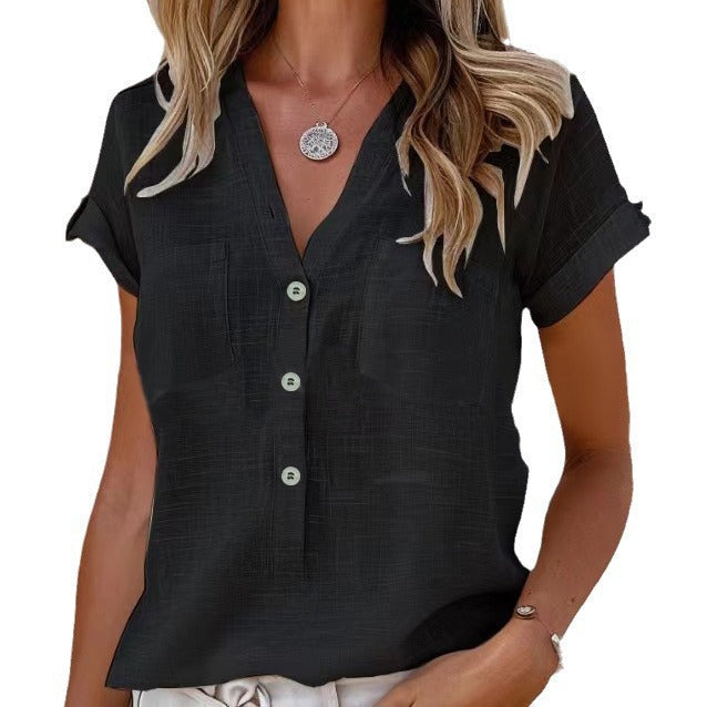Damen Kurzarm Leinenbluse mit Knopfdetails