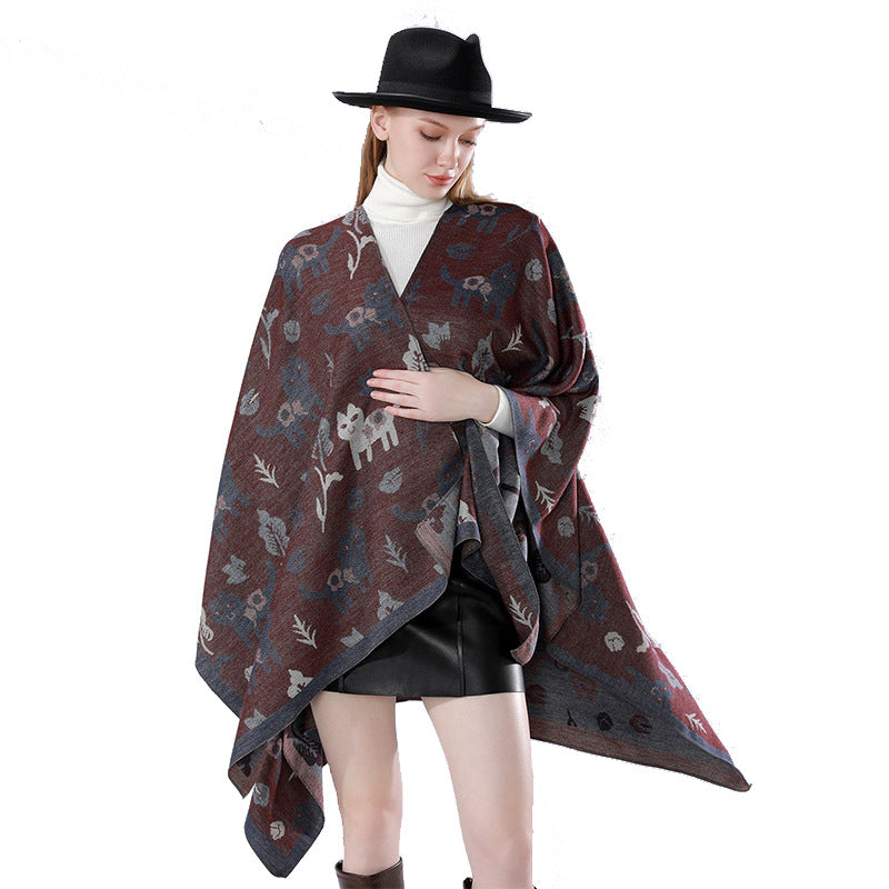 Damen Oversized Ruana im Jacquard mit Katzen- & Blumenmotiv Shop Nory