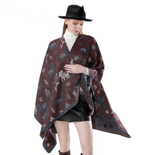 Damen Oversized Ruana im Jacquard mit Katzen- & Blumenmotiv Shop Nory