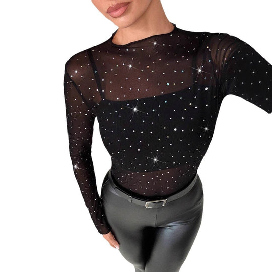 Damen nan transparentes Langarm-Netzshirt mit Strassapplikationen und integriertem Untertop