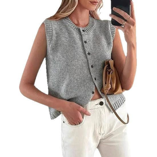 Damen lässige Strickweste mit Knopfleiste und Rundhalsausschnitt