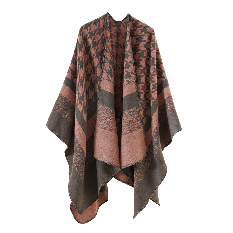 Damen Oversize‑Ruana‑Poncho aus Wollmix mit Hahnentritt- und Blockjacquard Shop Nory