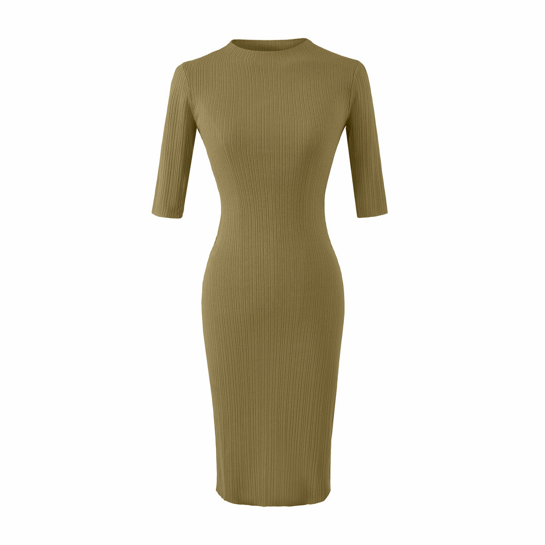 Damen Tailliertes geripptes Midikleid mit Halbarm und Stehkragen Shop Nory
