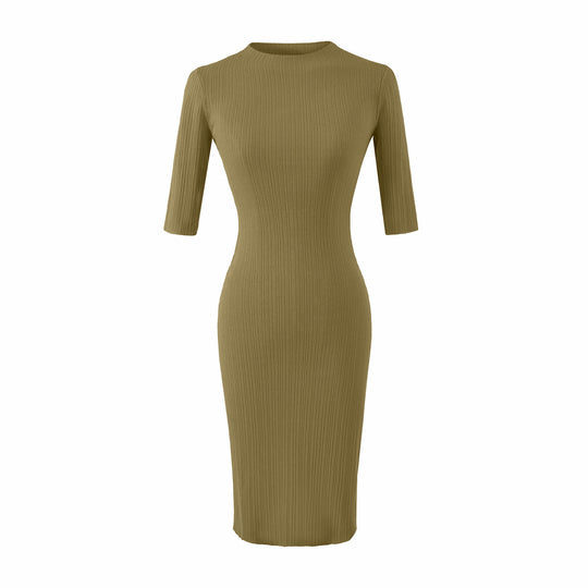 Damen Tailliertes geripptes Midikleid mit Halbarm und Stehkragen Shop Nory