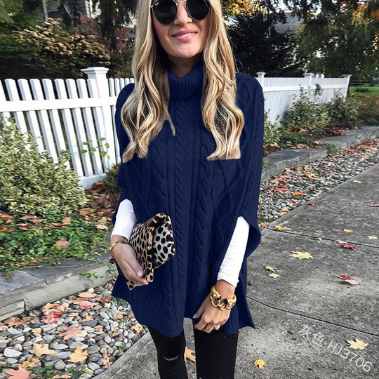 Damen nan kastiger Strickponcho mit hohem Rollkragen, Zopfstruktur und seitlichen Schlitzen Shop Nory