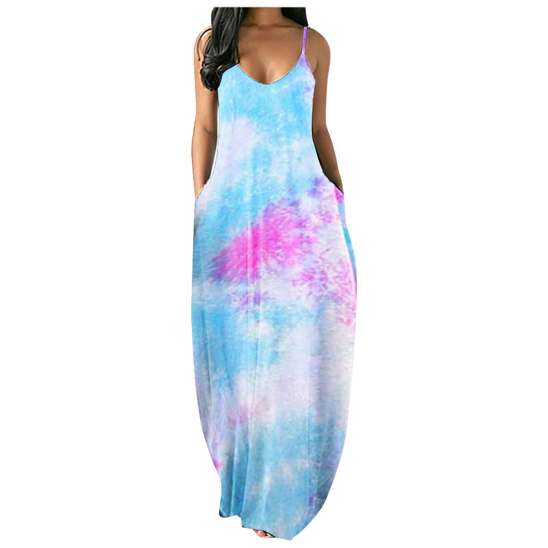 Damen Bohemian Batik-Maxikleid mit Taschen Shopnory