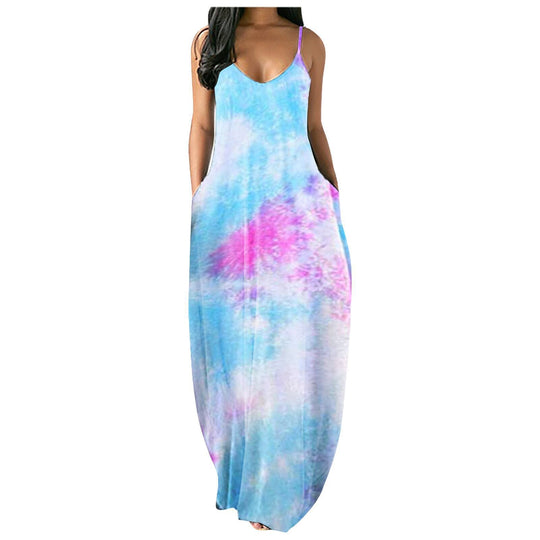Damen Bohemian Batik-Maxikleid mit Taschen Shopnory
