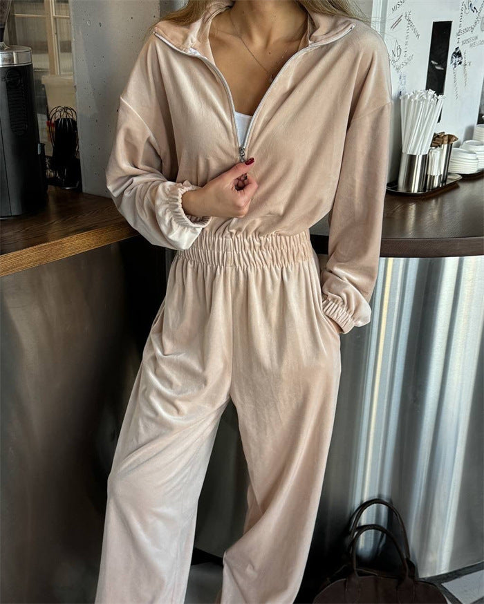 Damen Velours-Overall mit Reißverschluss, elastischem Taillenbund und weitem Palazzo-Bein Shop Nory