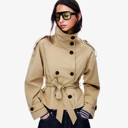 Damen Kurz geschnittener taillierter Trenchcoat mit hoher Knopfleiste und Taillengürtel Shop Nory