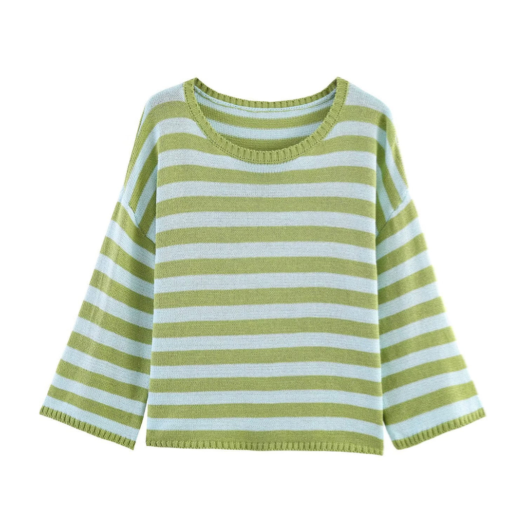 Damen Oversized Gestreifter Feinstrickpullover mit Rundhals und halblangen Ärmeln Shop Nory