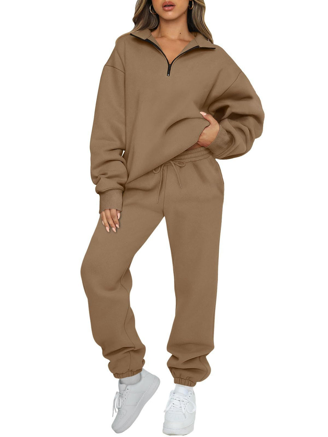 Damen nan Halbzip-Loungewear-Set mit übergroßem Kragenpullover und taillierter Jogginghose mit elastischem Bund Shop Nory