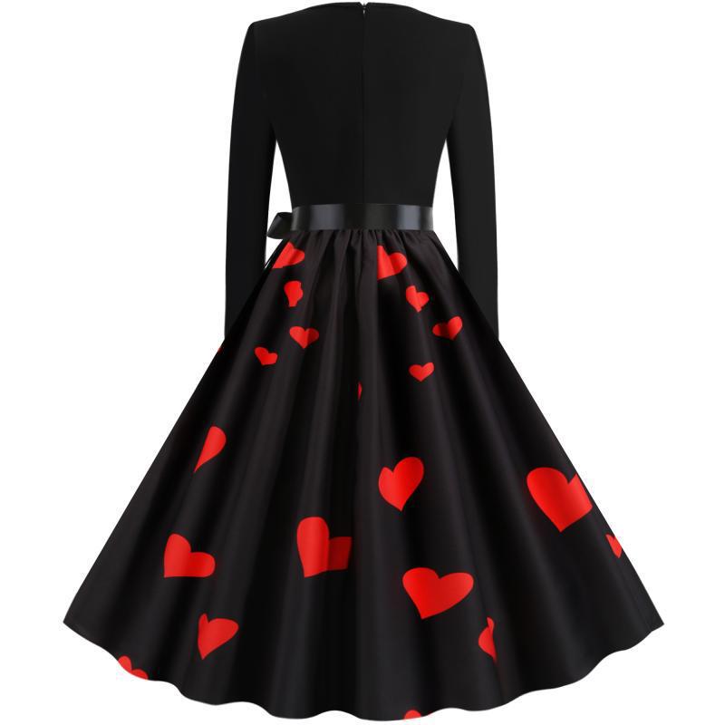 Damen Retro-Tellerkleid mit figurbetontem Oberteil, Satin-Taillengürtel und Katzen-Herz-Print Shop Nory
