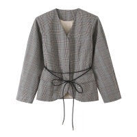 Damen Taillierte Glencheck-Blazerjacke mit V-Ausschnitt und Bindegürtel Shop Nory