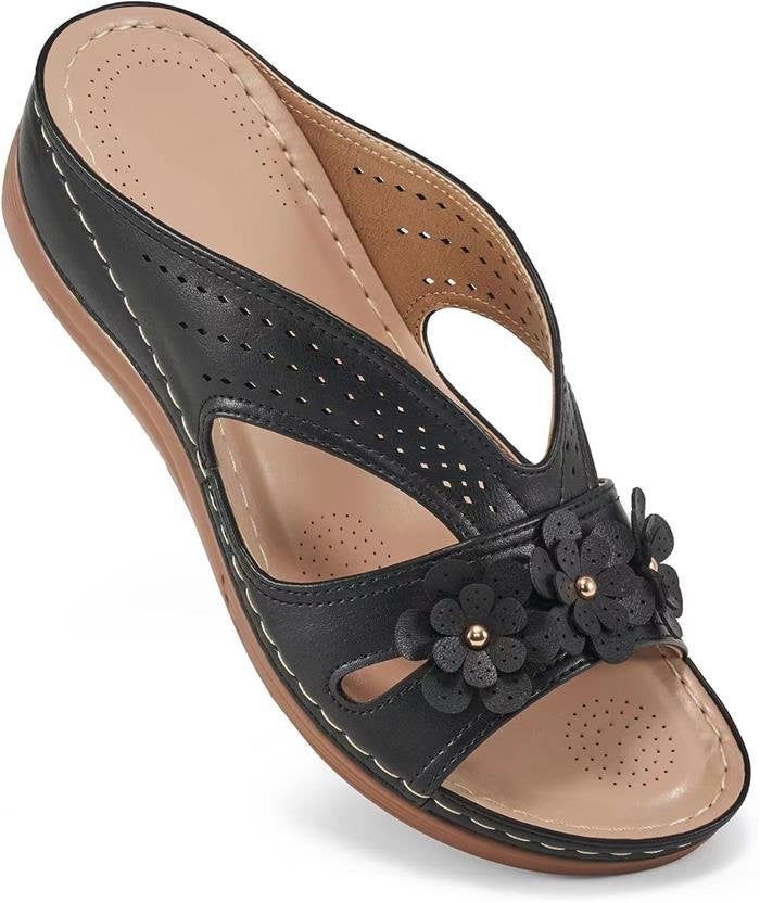 Damen Orthopädische Lederimitat-Pantolette mit Blumen‑Applikation und perforiertem Obermaterial Shop Nory