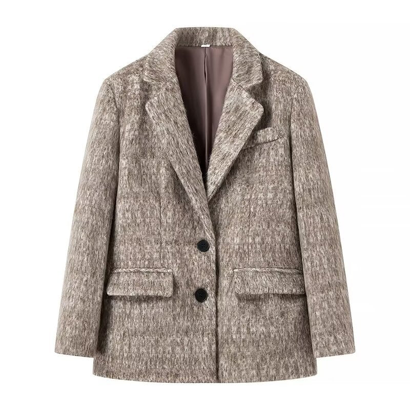 Damen Boxy Wollmix-Blazer-Mantel mit Bouclé‑Struktur, Reverskragen und Pattentaschen Shop Nory