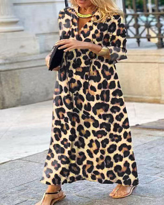 Damen Maxikleid im Hemdblusenstil mit Leopardenmuster, V-Ausschnitt und Dreiviertelärmeln Shop Nory