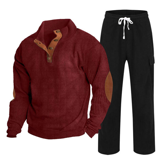 Herren Gemütliches Freizeit-Set aus Waffelstrick-Henley mit Ellenbogenpatch und Relax-Cargo-Hose Shop Nory