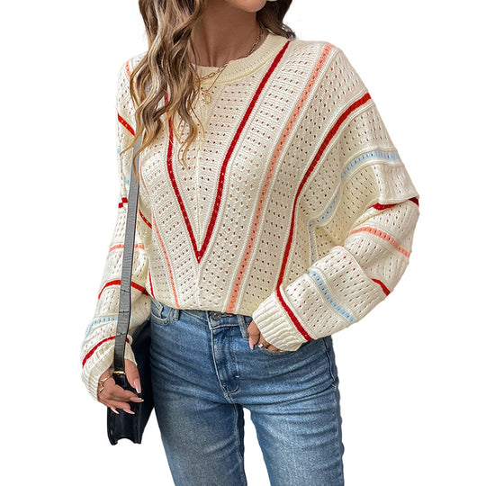 Damen Oversize-Ajourstrickpullover mit V-Streifen-Design Shop Nory