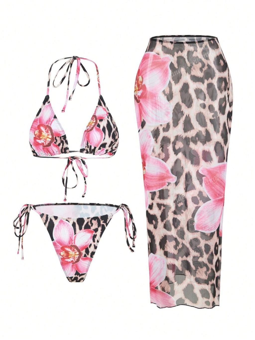 Damen Triangel-Bikini-Set mit floralen Mustern und transparentem Maxirock
