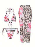 Damen Triangel-Bikini-Set mit floralen Mustern und transparentem Maxirock