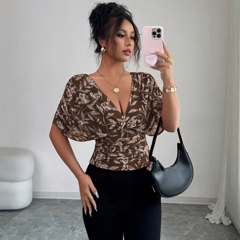 Damen Figurbetonte Wickelbluse mit tiefem V-Ausschnitt, geraffter Taille und Kimonoärmeln Shop Nory