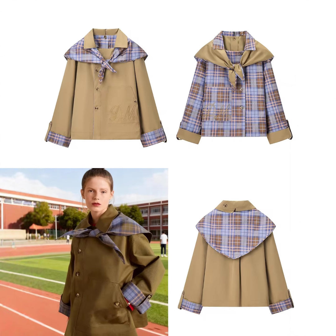 Damen Kurzjacke im Trench-Cape-Mix mit karierter Schalkragen‑Schleife Shop Nory