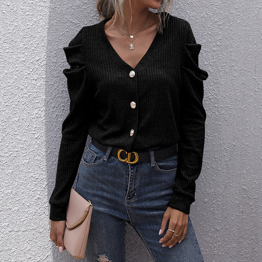 Damen Feinstrick-Cardigan mit V-Ausschnitt, Rippstruktur und gerafften Schulterpartien Shop Nory