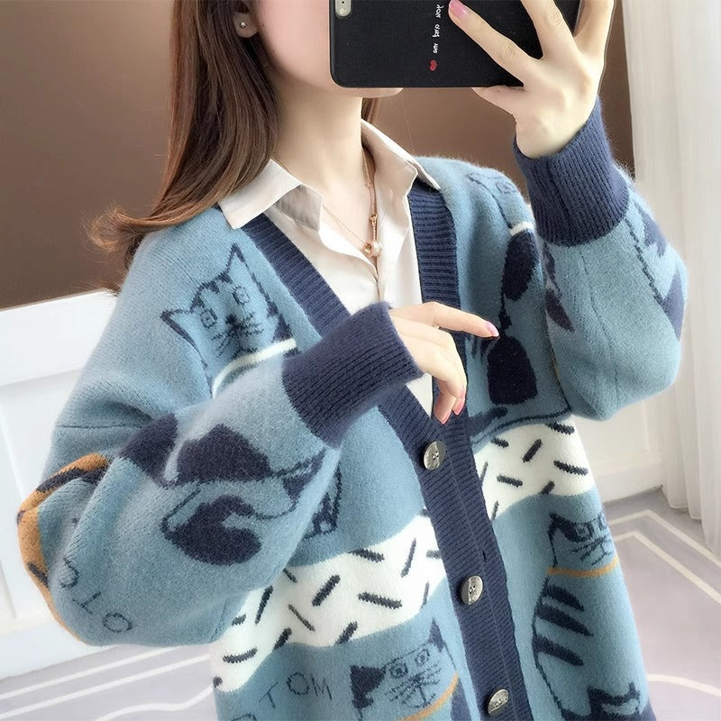 Damen Verspielte Cardigan mit Katzenmuster Shop Nory