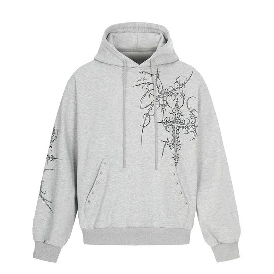 Herren Oversize Kapuzenpullover mit ornamentalem Kreuz‑Print und Nieten Shop Nory