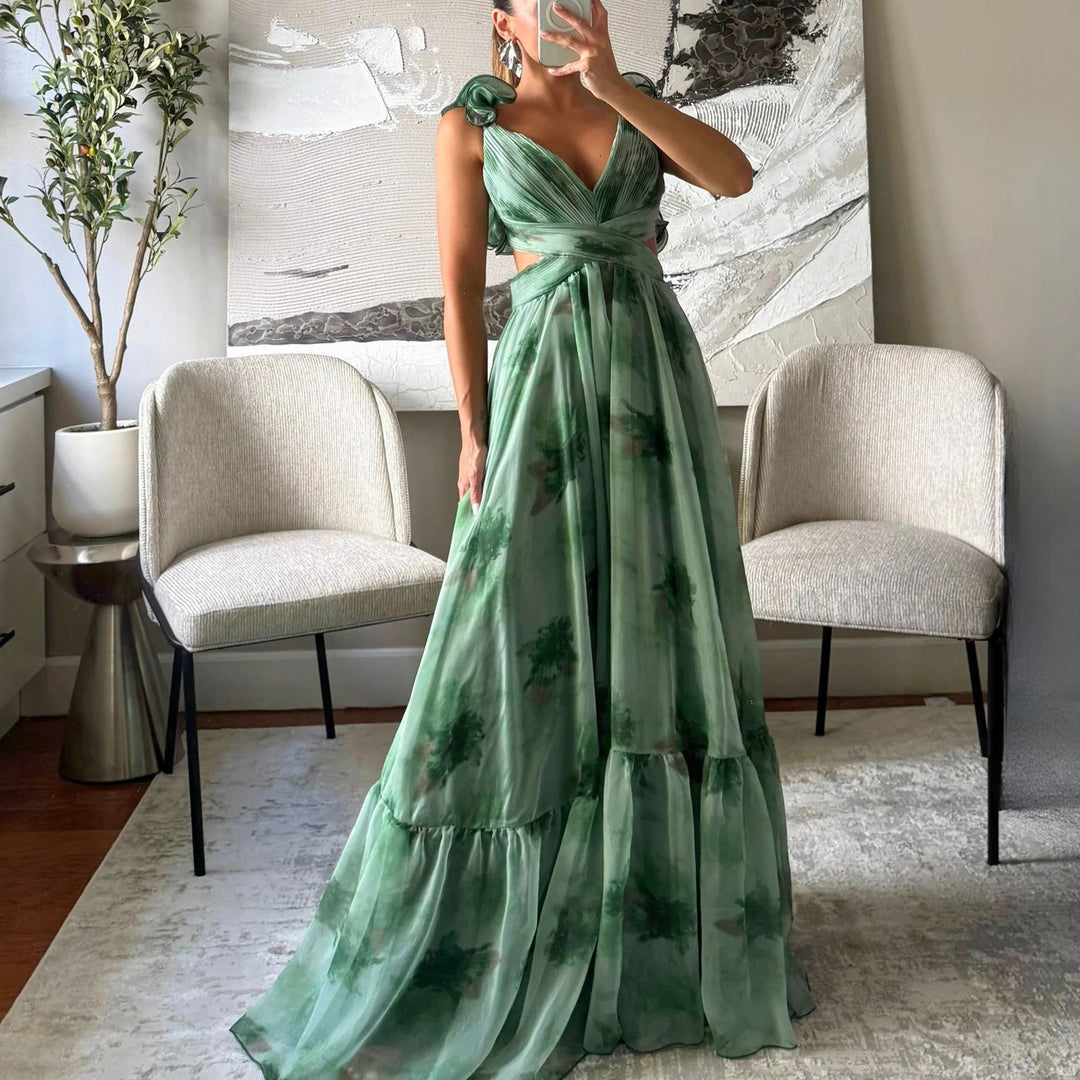 Damen Maxikleid mit luftigen Rüschendetails und ausgefallenem Wickeldesign